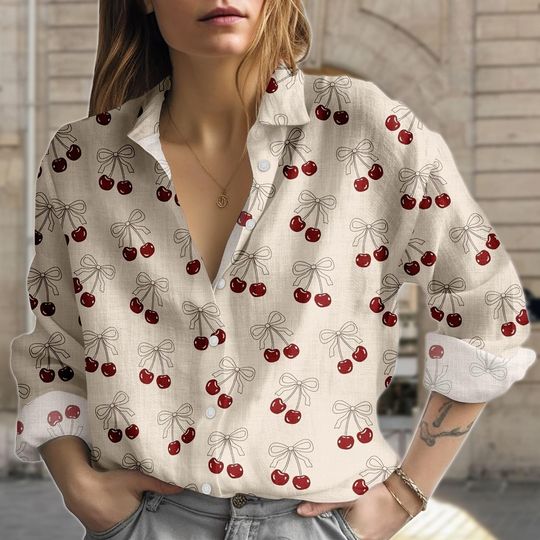 Cherry Print Blouse Shirt, Cute Cherry Button Women Shirt, Retro Women Top, Women Blouse Top, Gift For Her