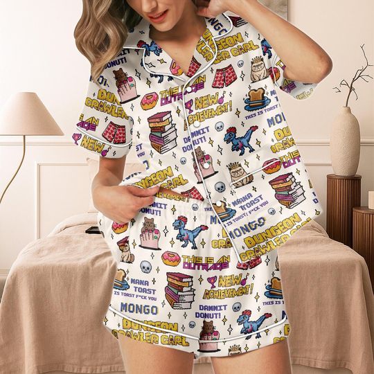 Pixel Gamer Pajama Set Short, Dungeon Crawler Game Print Sleepwear, Retro Arcade PJs, Funny Nerd Lounge Outfit Gift for Him