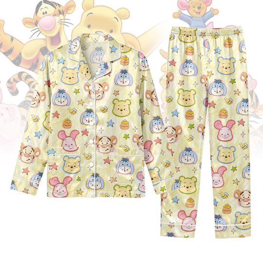 Pooh Bear Long PJs Set, Winnie The Pooh Long Sleeve Pajamas, Pooh Friends Pajama Set, Pooh Piglet Tigger Eeyore Pajamas