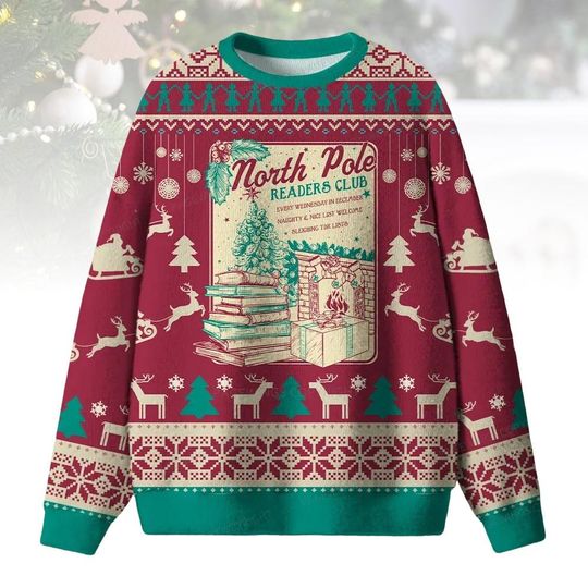 North Pole Readers Club Christmas Ugly Sweater, Reindeer Holiday Sweater