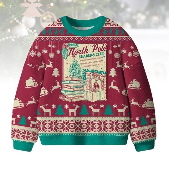 North Pole Readers Club Christmas Ugly Sweater, Reindeer Holiday Sweater