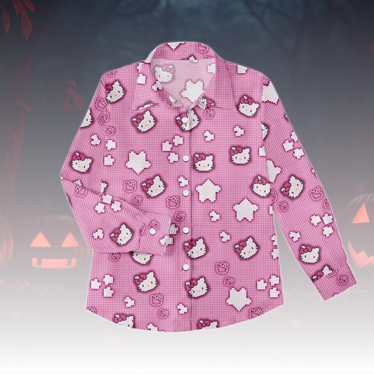 Hello Kitty Blouse Shirt, Cute Kawaii Kitty Top Women, Pink Cartoon Blouse, Casual Kitty Outfit, Aesthetic Kitty Shirt, Kitty Cat Shirt