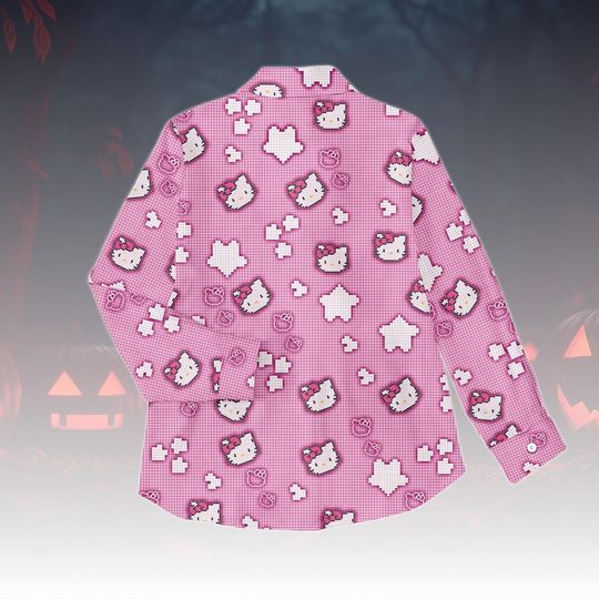 Hello Kitty Blouse Shirt, Cute Kawaii Kitty Top Women, Pink Cartoon Blouse, Casual Kitty Outfit, Aesthetic Kitty Shirt, Kitty Cat Shirt