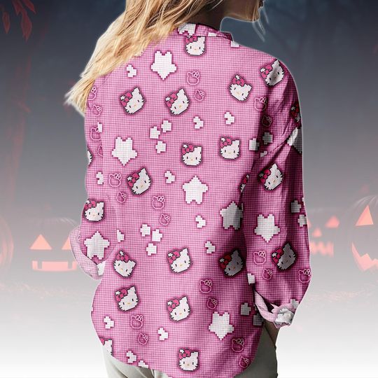 Hello Kitty Blouse Shirt, Cute Kawaii Kitty Top Women, Pink Cartoon Blouse, Casual Kitty Outfit, Aesthetic Kitty Shirt, Kitty Cat Shirt