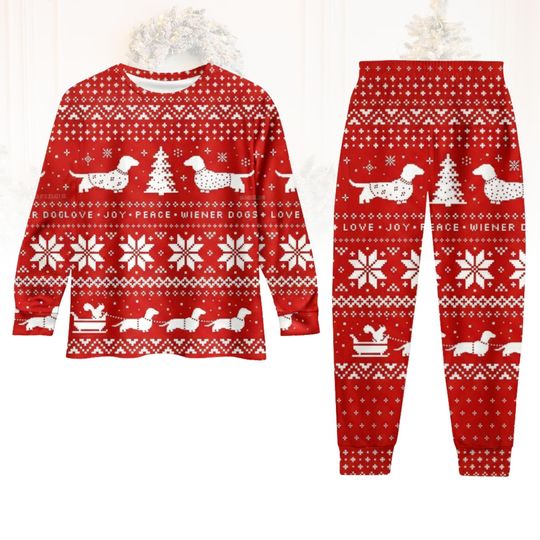 Dachshund Christmas Family Pajamas Set, Cute Wiener Dog Matching Pajamas, Holiday Pajamas For Family, Funny Dog Lover Xmas Pjs