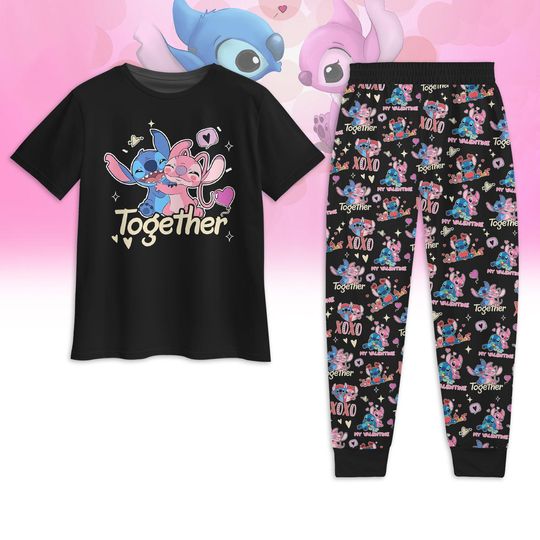 Stitch And Angel Pajamas Set, Disney Stitch Pajamas Family, Valentine Gift