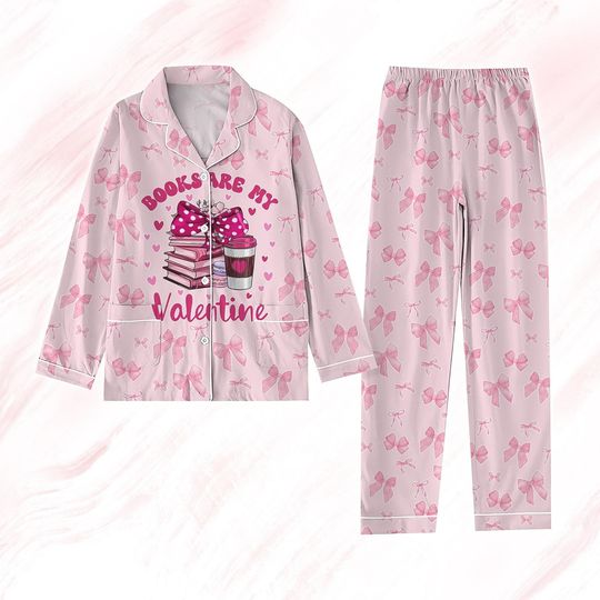 Books Are My Valentine Pajamas Set, Coquette Bow Holiday Pajamas, Book Lover Pajamas Family, Valentine Gift, Pink Bow Women Pajamas