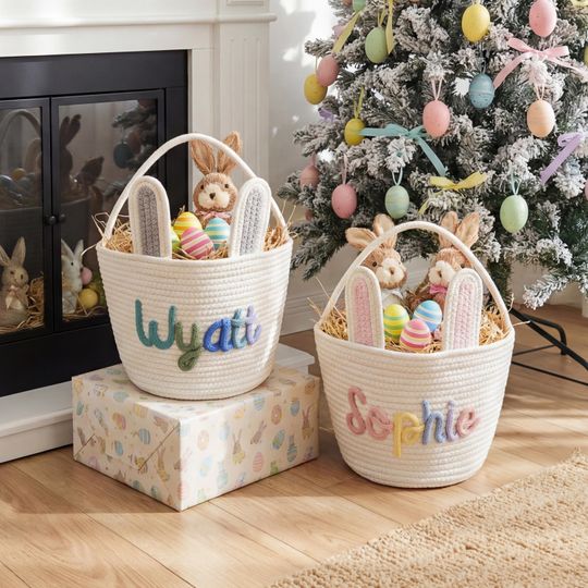Personalized Baby Name Rope Basket, Minimalist Easter Bunny Pail, Custom Yarn Lettering, First Easter Gift for Toddler