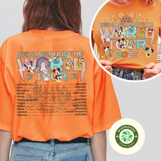 Two-sided Mickey & Friends Drinking around the World Tour Disney Epcot Shirt, Epcot Center Drinking Team Family Trip 2025, Epcot World Tour