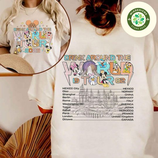 Two-sided Mickey & Friends Drinking around the World Tour Disney Epcot Shirt, Epcot Center Drinking Team Family Trip 2025, Epcot World Tour