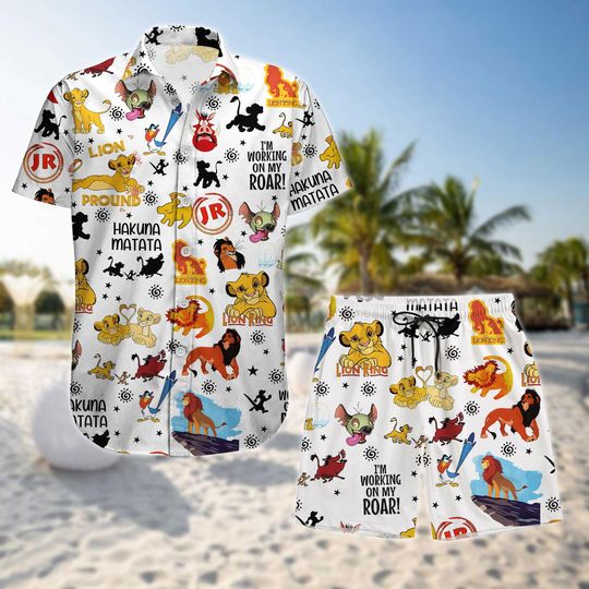 Lion King Hakuna Matata Button Shirt, Simba Timon Pumbaa Hawaiian Outfit, Disney Animal Kingdom Beach Shorts, Summer Beach Gift