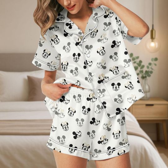 Mickey Minnie Mouse Short Pajamas Set, Disney Cartoon Silk Pjs Set, Short Sleepwear for Kids And Adult, Disney Family Trip Outfit