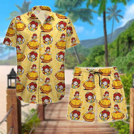 Princess Daisy Hawaiian Shirt, Super Mario Summer Beach Short, Nintendo Character Apparel Holiday Outfit, Mario Galaxy Movie Button Shi