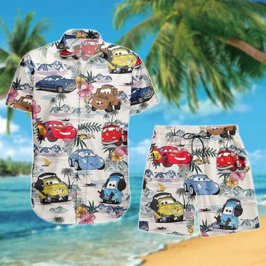 Disney Cars Aloha Summer Button Shirt, Lightning McQueen Mater Short, Disney Family Trip Matching Outfit For Men and Women