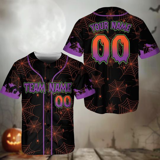 Halloween Baseball Jersey with Pumpkin & Spiderweb - Custom Name Team Uniform