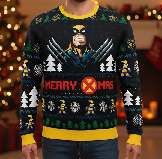 X-Men Wolverine Ugly Christmas Sweater, Marvel Comic Holiday Sweater for Men Women