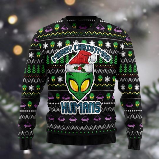 Alien Xenomorph Christmas Ugly Sweater, Merry Christmas Humans Sweater