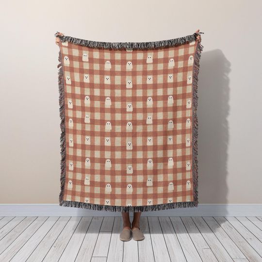 Gingham Ghost Woven Blanket: Halloween Fall Couch Throw with Fringe