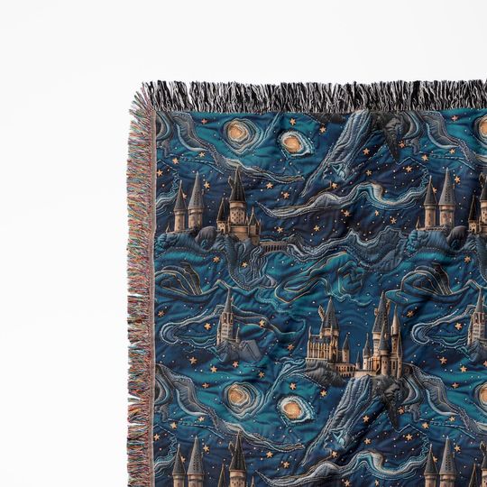 Wizard Castle Woven Throw Blanket: Starry Night Fantasy Decor