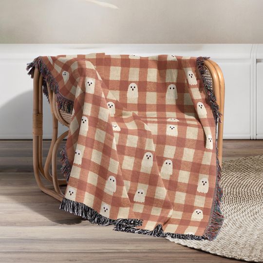 Gingham Ghost Woven Blanket: Halloween Fall Couch Throw with Fringe