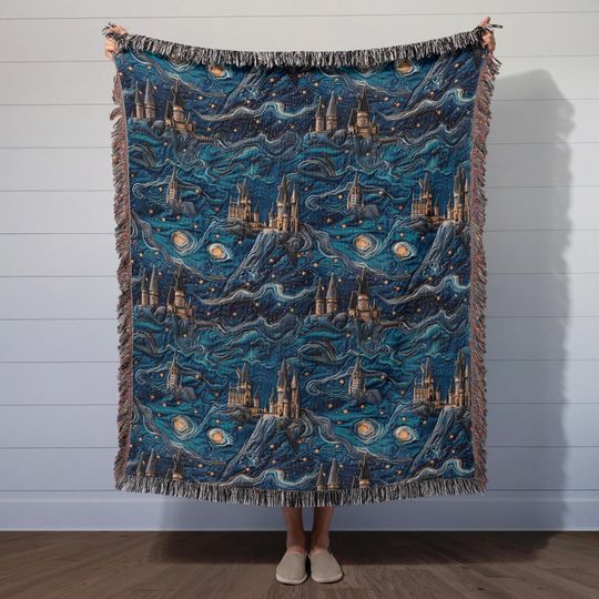 Wizard Castle Woven Throw Blanket: Starry Night Fantasy Decor