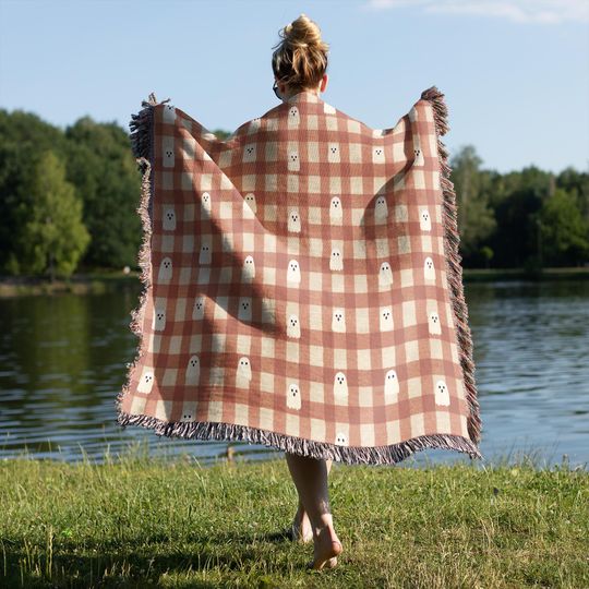 Gingham Ghost Woven Blanket: Halloween Fall Couch Throw with Fringe
