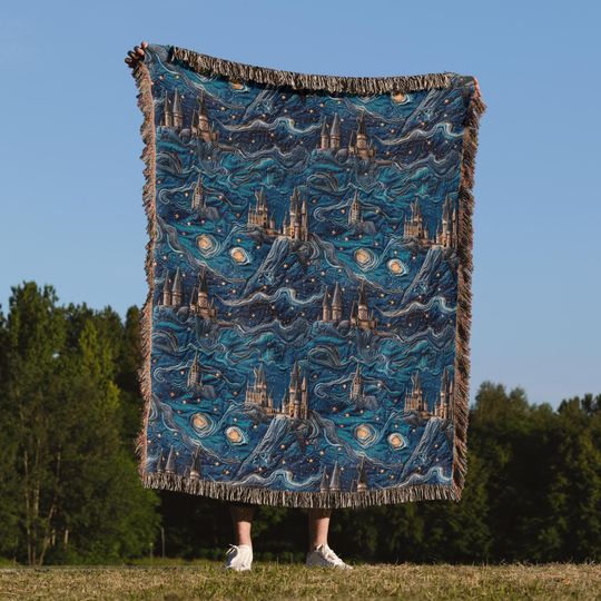 Wizard Castle Woven Throw Blanket: Starry Night Fantasy Decor