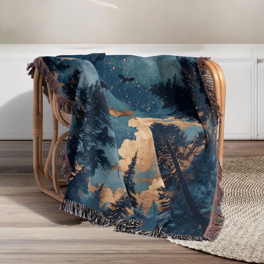 Dragons Woven Blanket: Enchanted Night Sky Cotton Throw