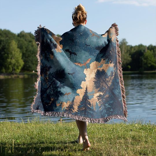 Dragons Woven Blanket: Enchanted Night Sky Cotton Throw