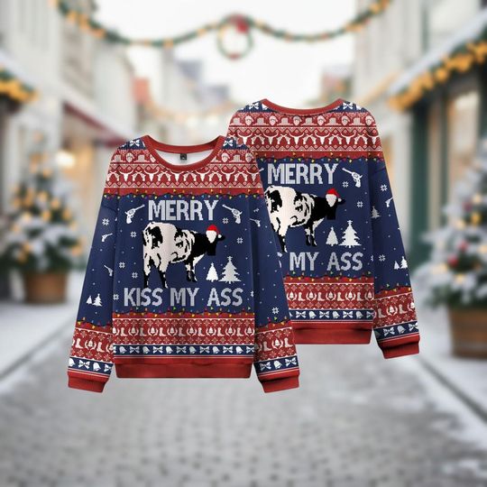 Cow Ugly Christmas Sweater, Funny Merry Xmas Sweater, Novelty Ugly Sweater, Farm Animal Sweater, Christmas Gift