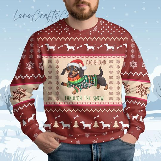 Dachshund Dog Holiday Ugly Sweater, Dachshund Through The Snow Ugly Sweater, Funny Pet Christmas Sweater, Cute Dog Xmas Sweater, Xmas Gift
