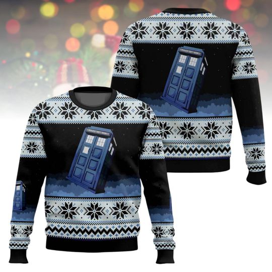 Tardis Ugly Christmas Sweater, Doctor Who Xmas Sweater, Sci-Fi Ugly Sweater, Christmas Gift