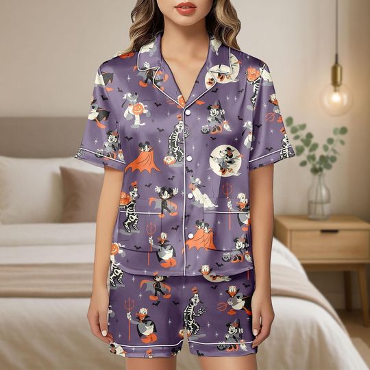 Halloween Mickey And Friends Short Pajamas, Mickey Mouse Pajamas Women, Disneyland Pajamas Set, Mickey Pluto Skeleton Pajamas