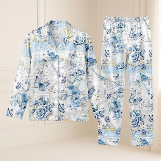 Almost Midnight Butterfly Floral Pajama Set, Long Sleeve Sleepwear for Women, Gift for Her