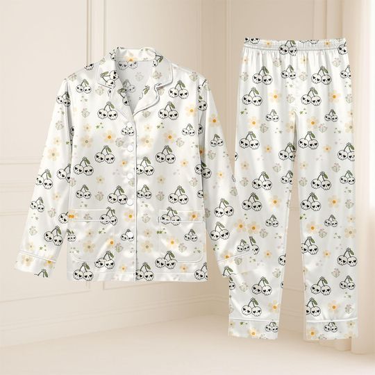 Cherry Skull Pajamas Set, Womens Long Sleeve Silk Sleepwear, Gothic Nightwear, Cute Skull Pajamas, Halloween Pajamas Set