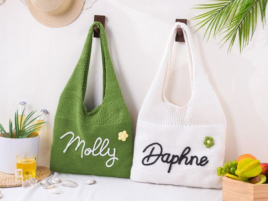 Personalized Knitted Beach Bag With Embroidered Name, Custom Beach Tote Bags, Travel Tote Bag, Gift For Her, Bridesmaid Gifts