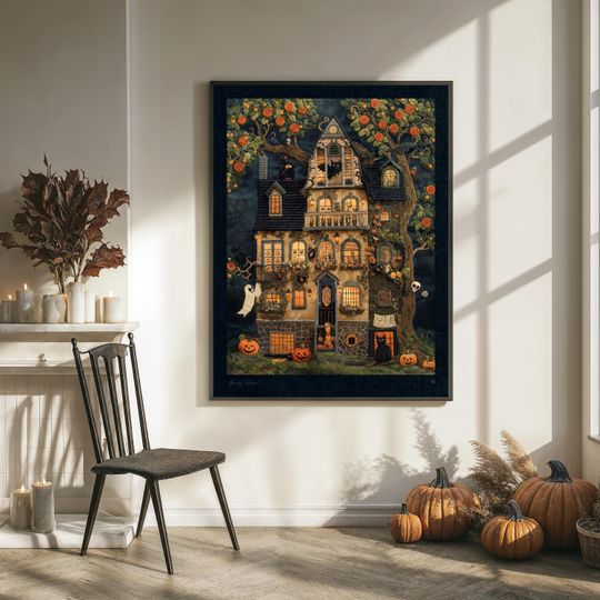 Spooky Haunted House Art Print, Victorian Halloween Poster