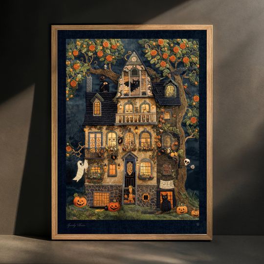 Spooky Haunted House Art Print, Victorian Halloween Poster