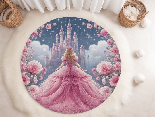 Princess Castle Round Floor Pad| Round Kids Rug | Non Slip Floor Mat | Nursery Rug