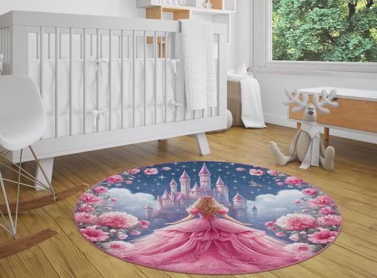 Princess Castle Round Floor Pad| Round Kids Rug | Non Slip Floor Mat | Nursery Rug
