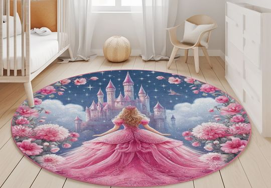 Princess Castle Round Floor Pad| Round Kids Rug | Non Slip Floor Mat | Nursery Rug