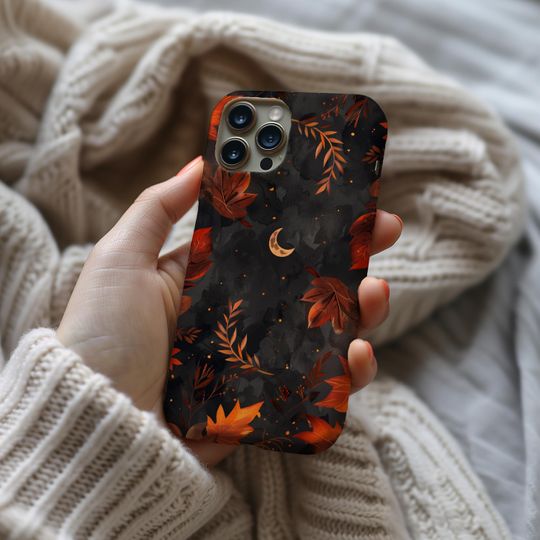 Dark Fall Moon Goth Halloween Phone Case, Autumn Leaves, Crescent, iPhone 16 15 14 13 12 11 Pro Max 8 Plus, Samsung Galaxy S23 S22 S20 Ultra