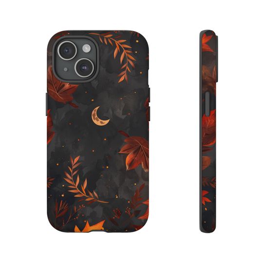 Dark Fall Moon Goth Halloween Phone Case, Autumn Leaves, Crescent, iPhone 16 15 14 13 12 11 Pro Max 8 Plus, Samsung Galaxy S23 S22 S20 Ultra