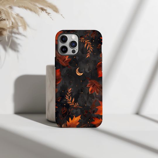 Dark Fall Moon Goth Halloween Phone Case, Autumn Leaves, Crescent, iPhone 16 15 14 13 12 11 Pro Max 8 Plus, Samsung Galaxy S23 S22 S20 Ultra