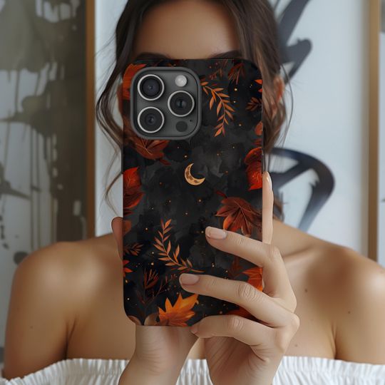 Dark Fall Moon Goth Halloween Phone Case, Autumn Leaves, Crescent, iPhone 16 15 14 13 12 11 Pro Max 8 Plus, Samsung Galaxy S23 S22 S20 Ultra