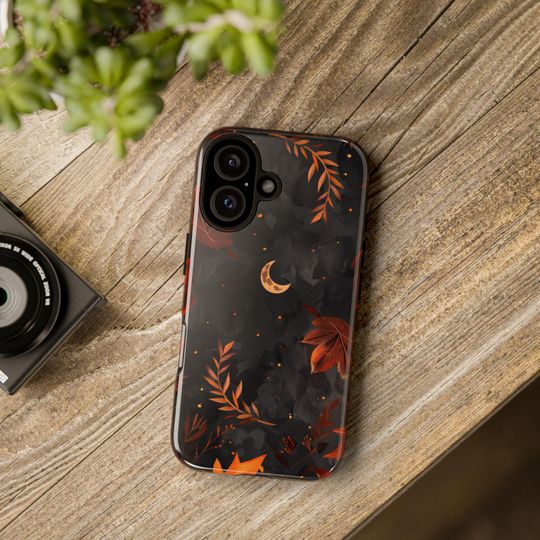Dark Fall Moon Goth Halloween Phone Case, Autumn Leaves, Crescent, iPhone 16 15 14 13 12 11 Pro Max 8 Plus, Samsung Galaxy S23 S22 S20 Ultra