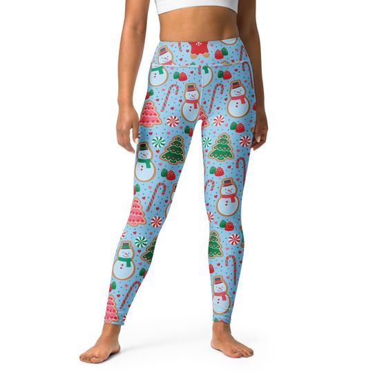 Christmas Cookie Leggings with Snowman and Gingerbread Print, Holiday Yoga Pants, Winter Workout Leggings, Festive Lounge Wear