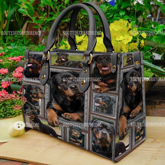 Rottweiler Dog Women Leather Handbag,Rottweiler Lover's Handbag,Custom Leather Bag,Personalized Bag, Gift For Her