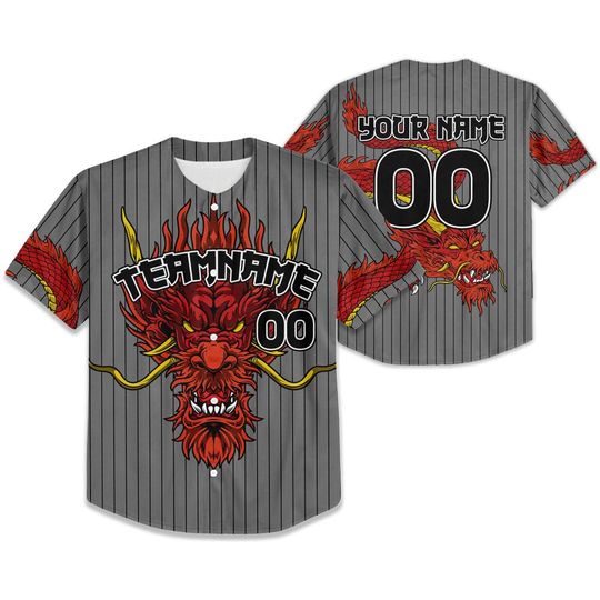 Personalize Team Name Devilish Dragon Striped Grey Color Baseball Jersey