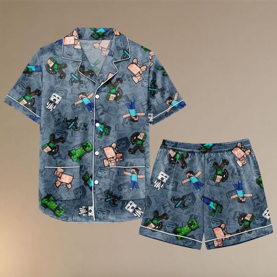 Minecraft Pixel Pajama Set for Kids and Adults with Pocket